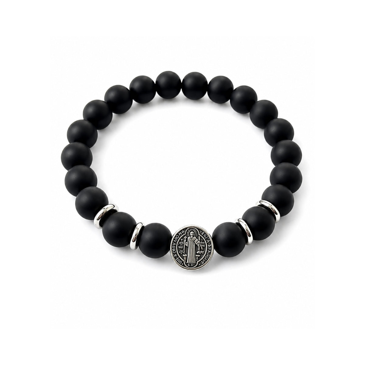 Pulsera elástica para hombre con esferas de piedra natural Onix matede 10 mm, hilo de silicona y medalla de San Benito en plata 925.