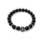 Pulsera elástica para hombre con esferas de piedra natural Onix matede 10 mm, hilo de silicona y medalla de San Benito en plata 925.