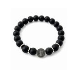 Pulsera elástica para hombre con esferas de piedra natural Onix matede 10 mm, hilo de silicona y medalla de San Benito en plata 925.