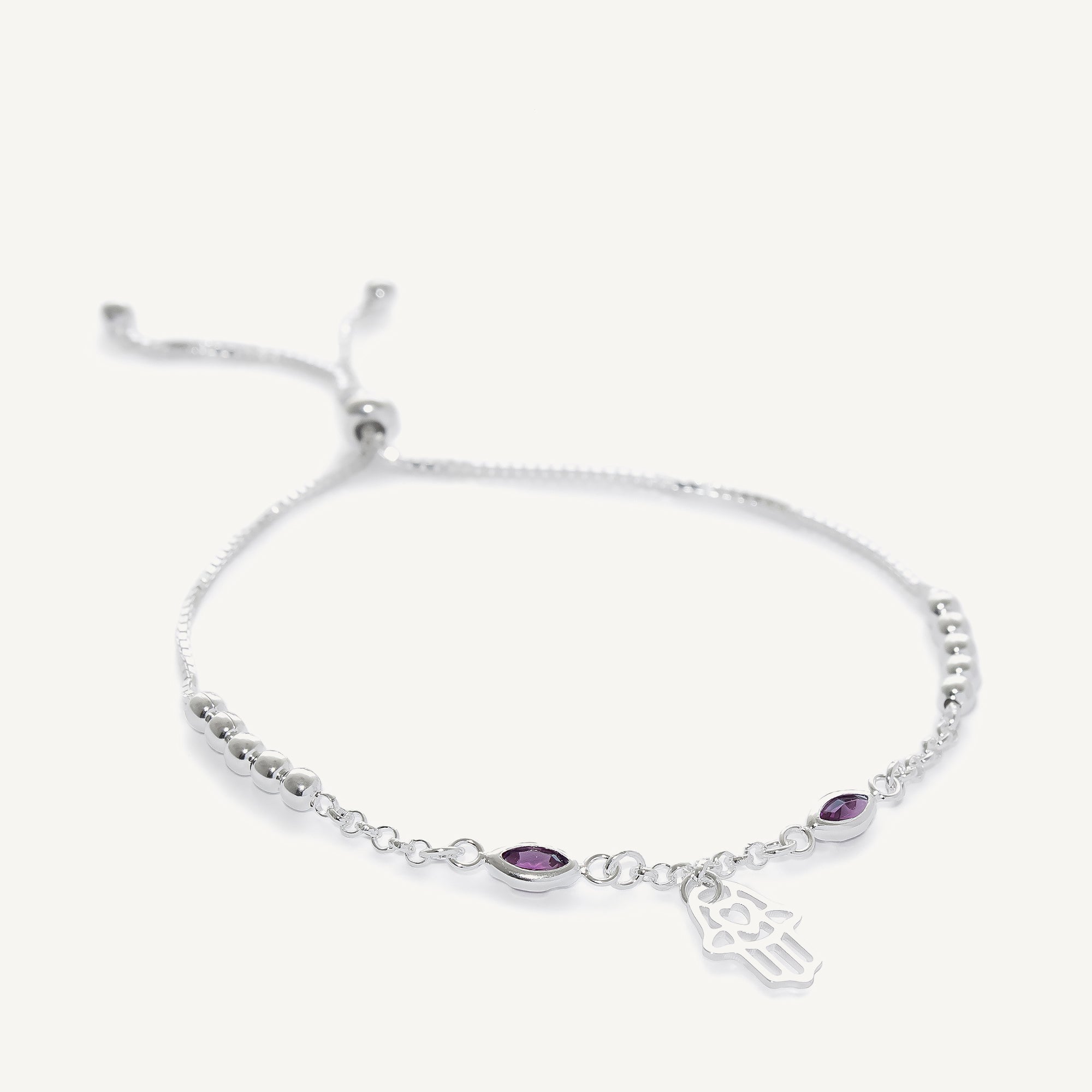pulsera regulable manito y cristal morado elaborada en plata 925 de AMBAR Joyería 