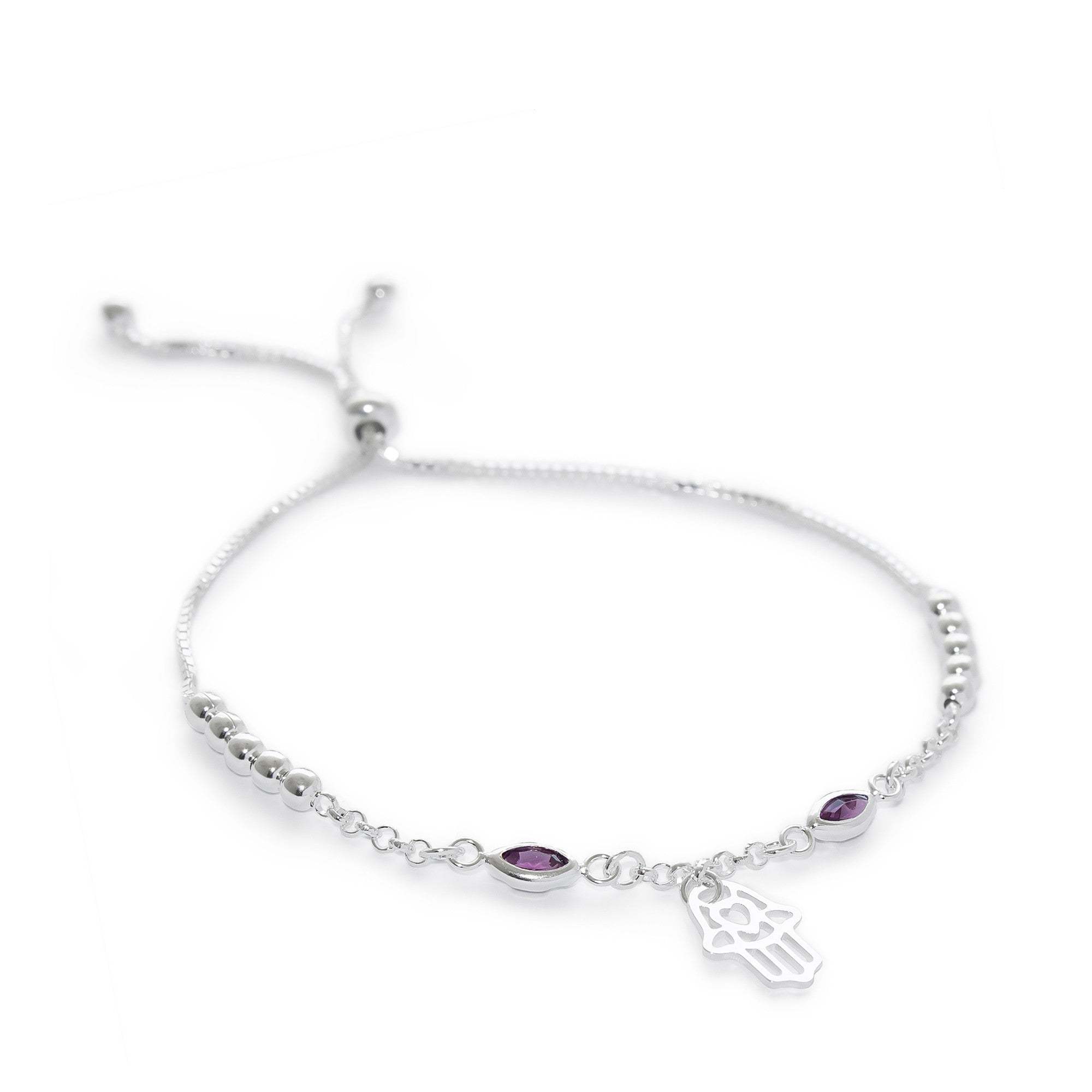 pulsera regulable manito y cristal morado elaborada en plata 925 de AMBAR Joyería 