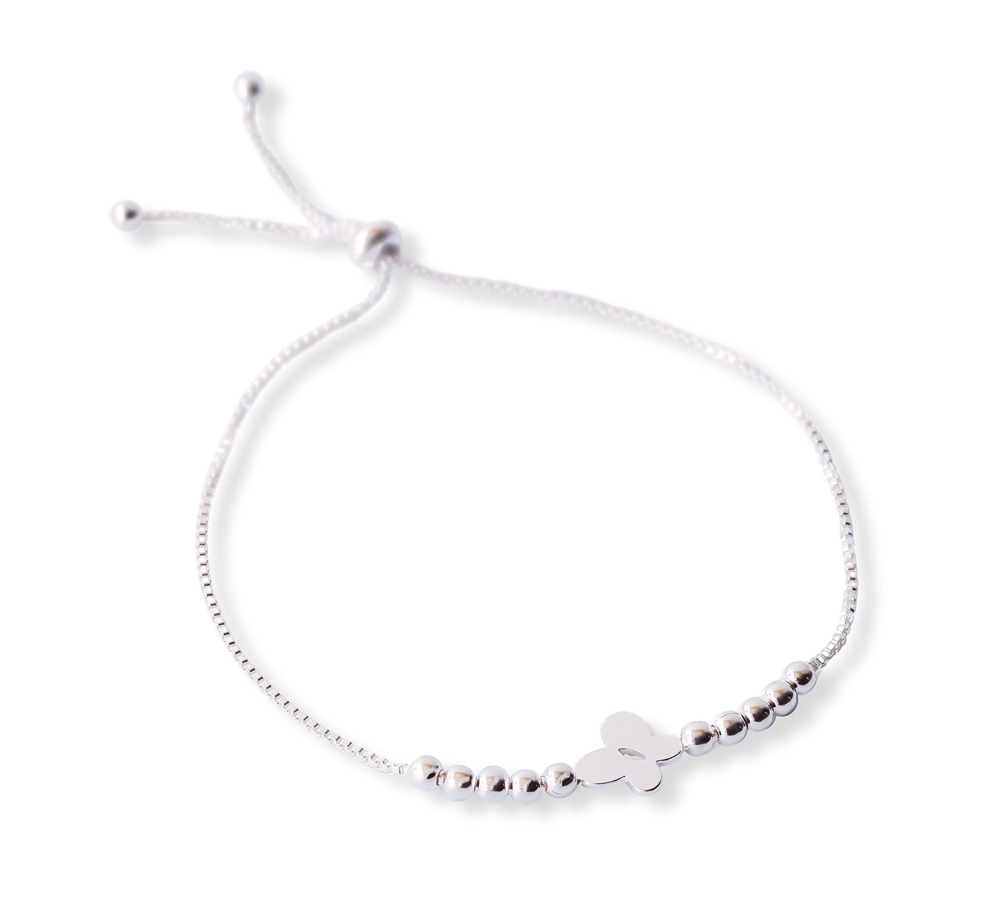 pulsera mariposita plana con bolitas y sistema regulable elaborada en plata 925 de AMBAR Joyería Fina