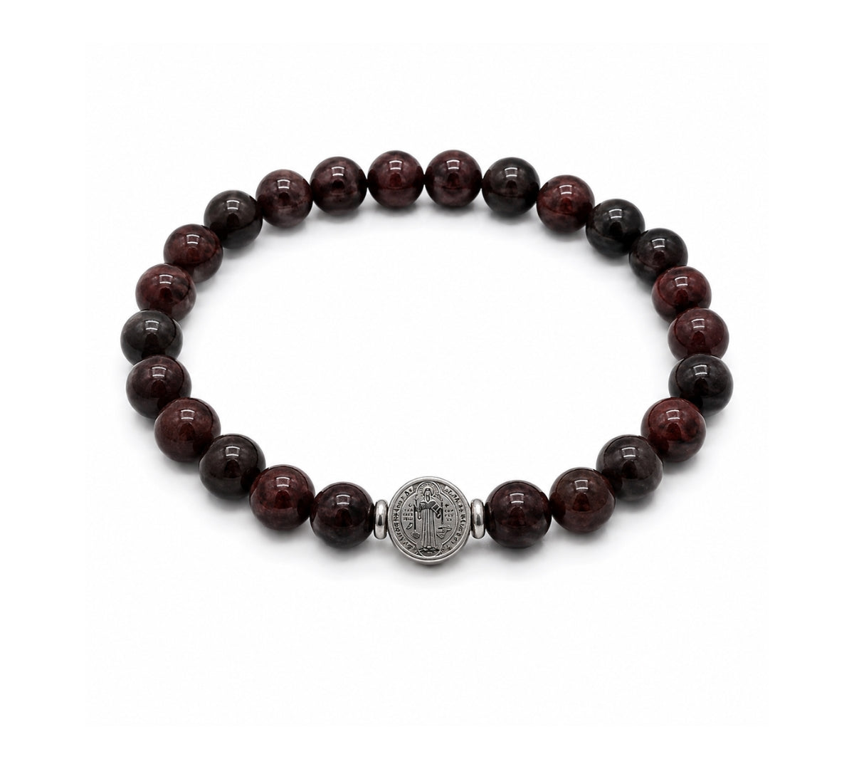 Pulsera Rodonita San Benito Imperial para hombre con piedra natural rodonita y medalla central de acero de AMBAR joyería fina