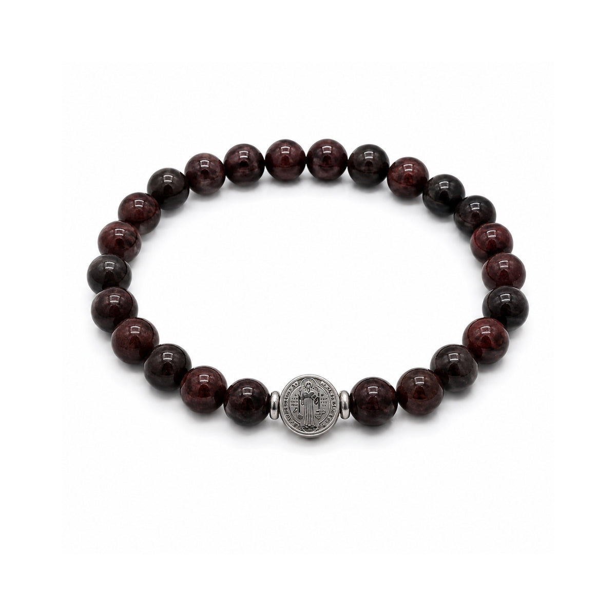 Pulsera Rodonita San Benito Imperial para hombre con piedra natural rodonita y medalla central de acero de AMBAR joyería fina