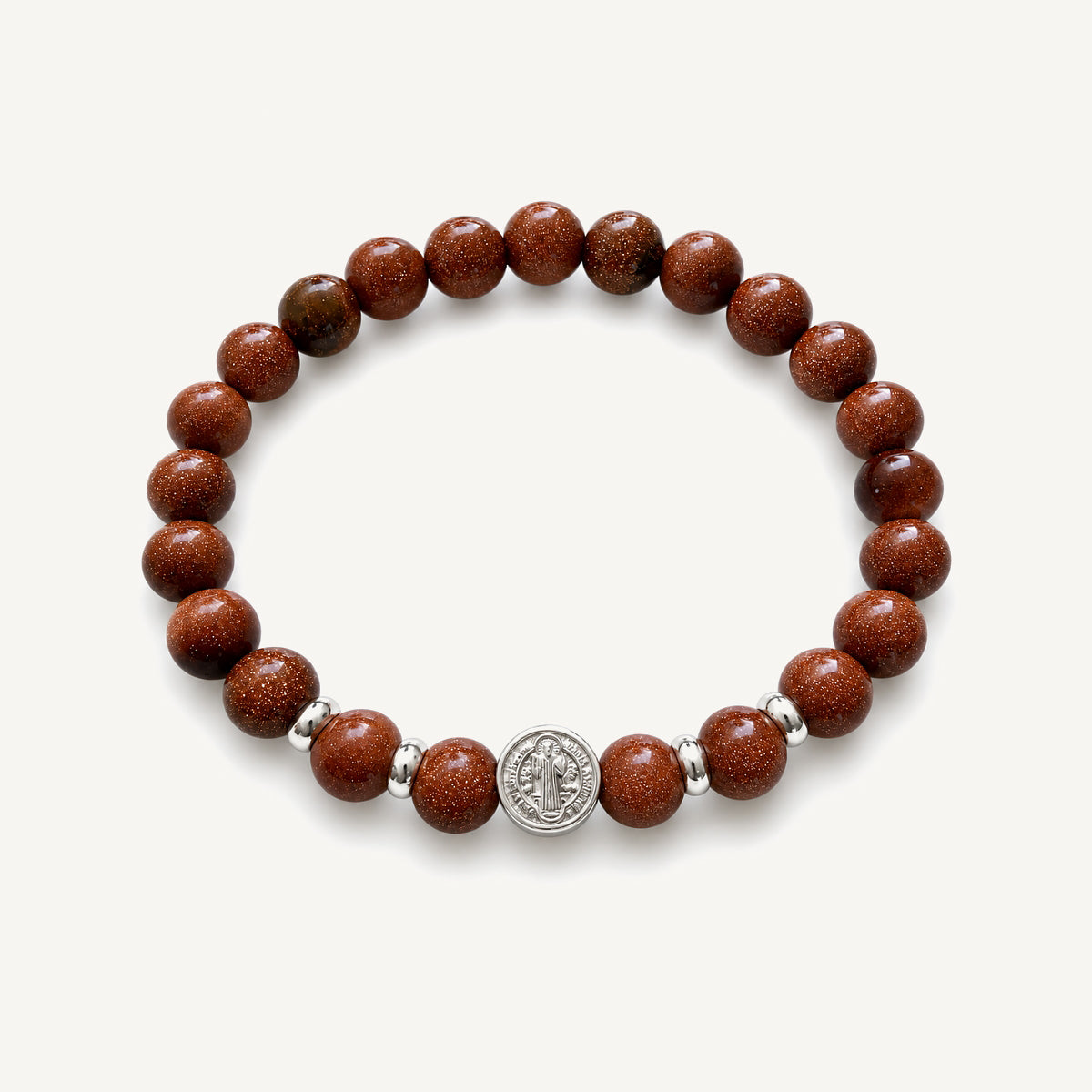 Pulsera San Benito Aura con piedra Lluvia de Oro de 8 mm, dije San Benito y aplicaciones de Plata 925.