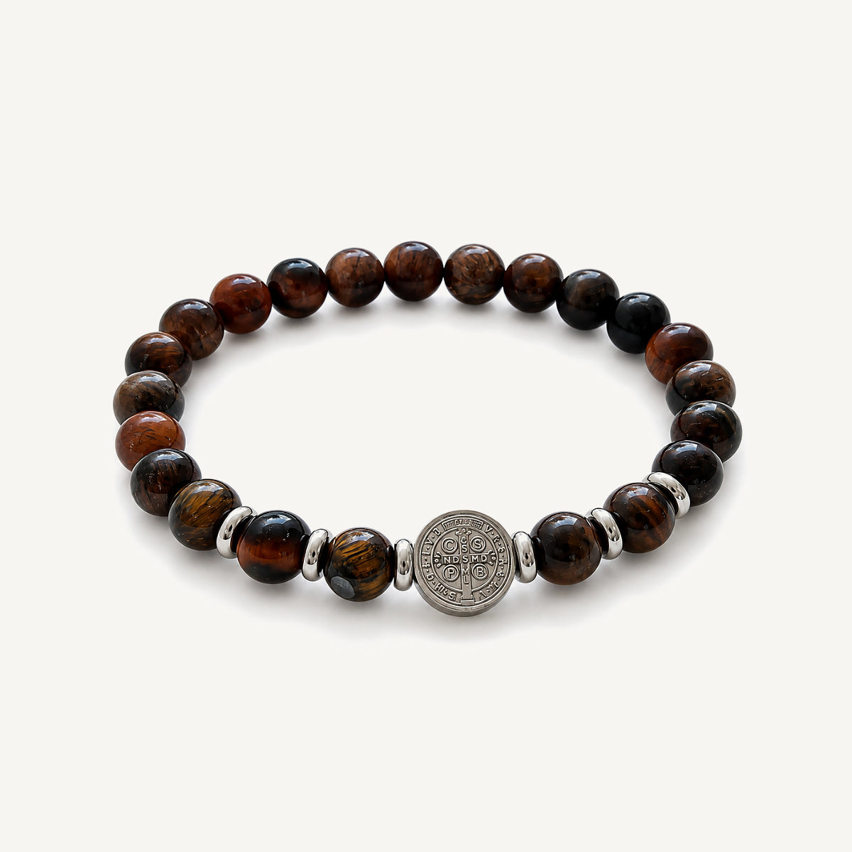 Pulsera San Benito Imperial para hombre con piedras naturales de Ojo de Tigre de 8 mm y dije de acero inoxidable de joyería.