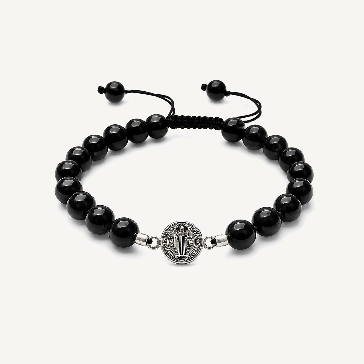Pulsera San Benito tejida regulable con turmalina negra natural de 8 mm y accesorios de plata 950.