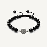 Pulsera San Benito tejida regulable con turmalina negra natural de 8 mm y accesorios de plata 950.
