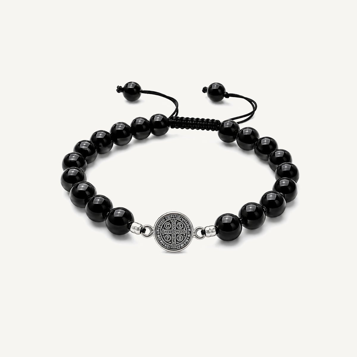 Pulsera San Benito tejida regulable con turmalina negra natural de 8 mm y accesorios de plata 950.
