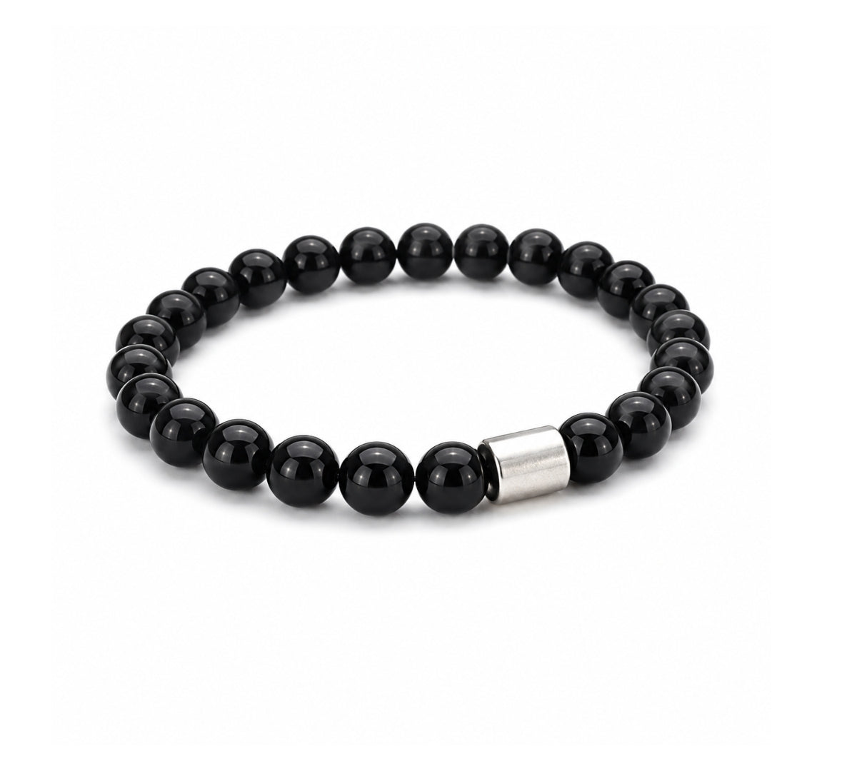 Pulsera elástica para hombre modelo Orión con hilo de silicona, esferas de turmalina negra pulida y tubo cilíndrico central de plata 925 sobre fondo blanco.