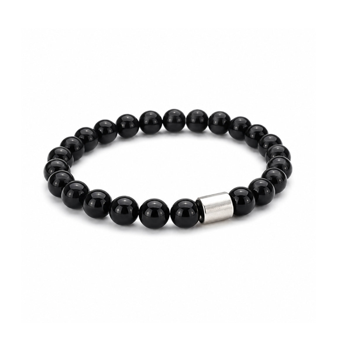 Pulsera elástica para hombre modelo Orión con hilo de silicona, esferas de turmalina negra pulida y tubo cilíndrico central de plata 925 sobre fondo blanco.