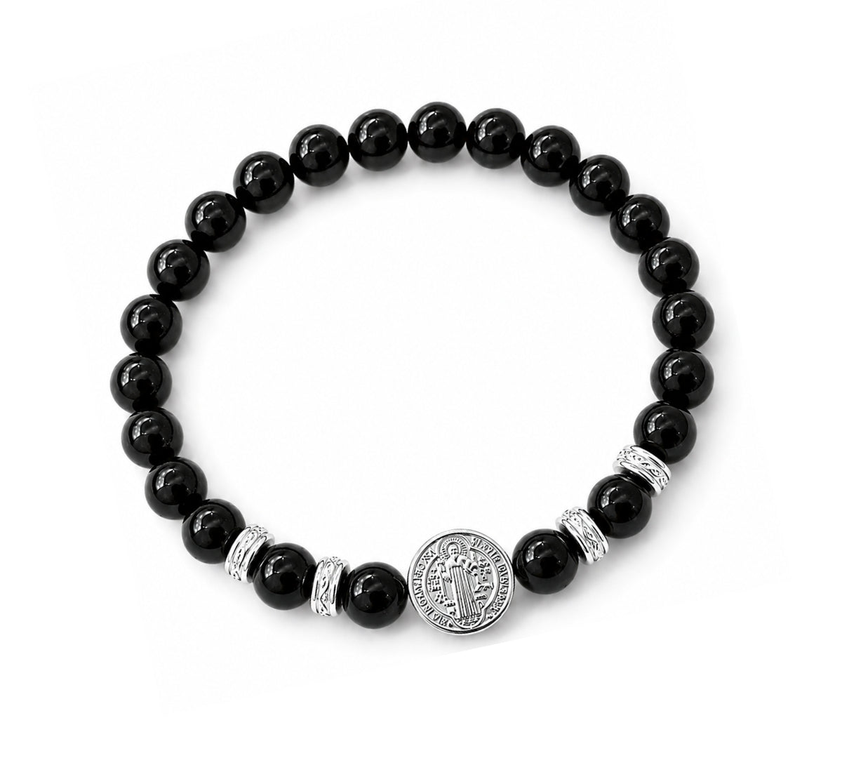 Pulsera elástica para hombre con esferas de piedra natural turmalina negra de 8 mm, hilo de silicona y medalla de San Benito en plata 925.