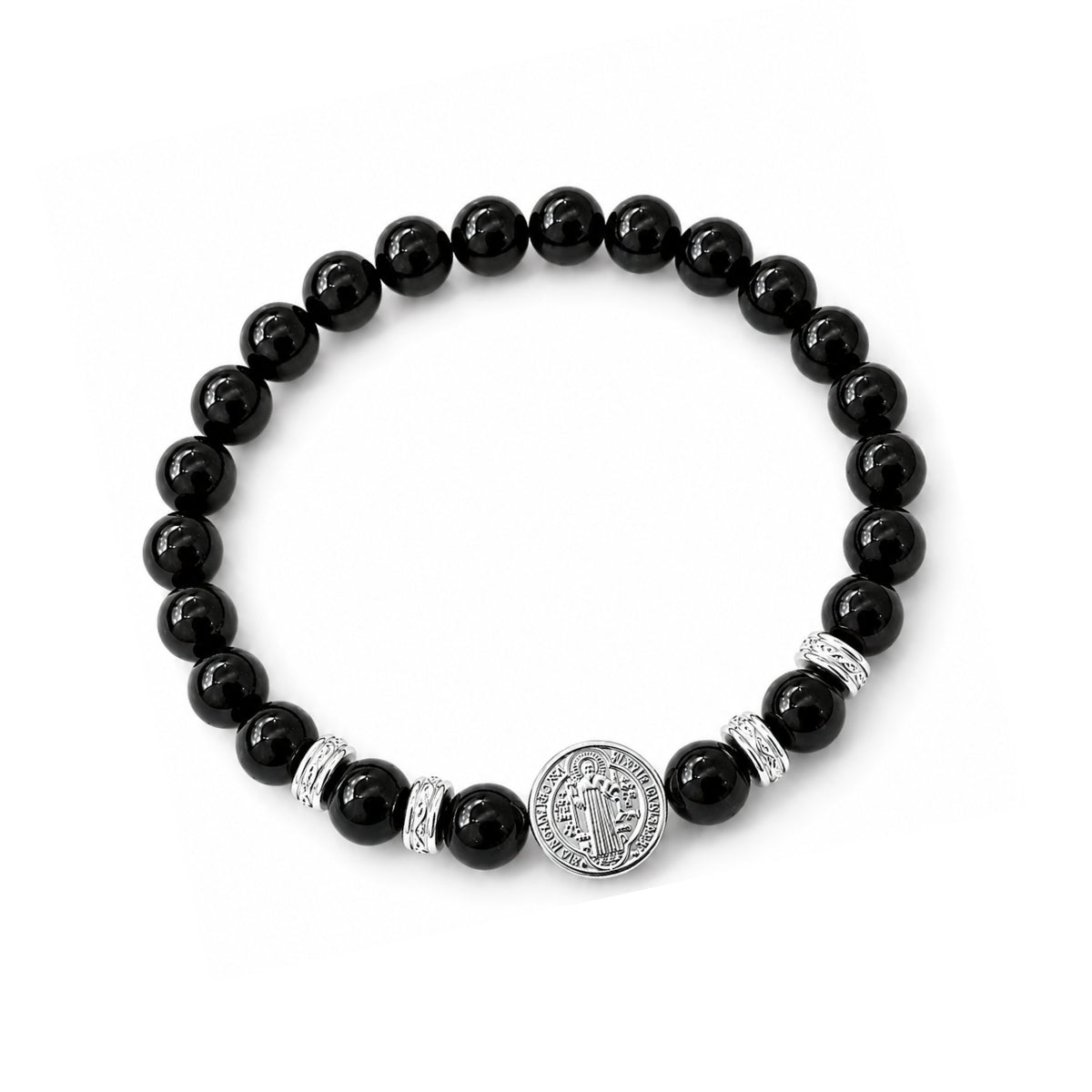 Pulsera elástica para hombre con esferas de piedra natural turmalina negra de 8 mm, hilo de silicona y medalla de San Benito en plata 925.