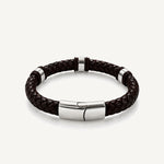 Pulsera Cuero Trenzado Urban de cuero marrón chocolate oscuro con broche y accesorios de acero inoxidable y bandas de silicona negra.
