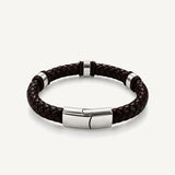 Pulsera Cuero Trenzado Urban de cuero marrón chocolate oscuro con broche y accesorios de acero inoxidable y bandas de silicona negra.
