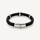 Pulsera Cuero Trenzado Urban de cuero negro con broche y accesorios de acero inoxidable y bandas de silicona negra.