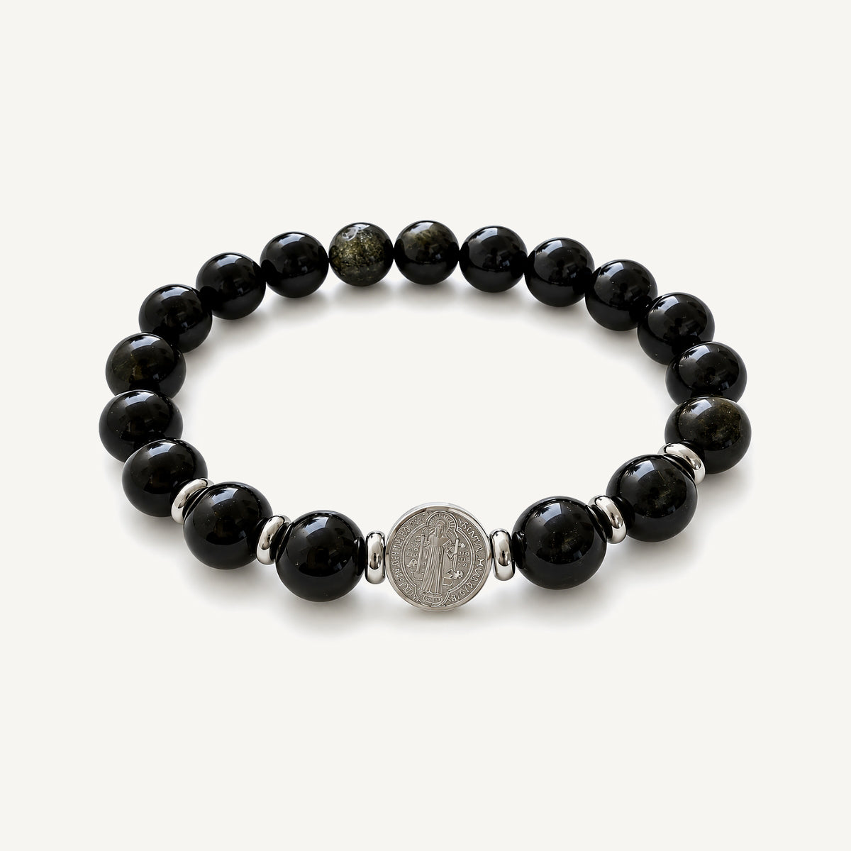 Pulsera San Benito Imperial Grand con piedras naturales de obsidiana de 10 mm, dije San Benito de acero inoxidable y donas de acero.