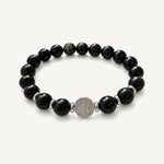 Pulsera San Benito Imperial Grand con piedras naturales de obsidiana de 10 mm, dije San Benito de acero inoxidable y donas de acero.