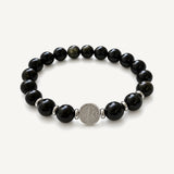 Pulsera San Benito Imperial Grand con piedras naturales de obsidiana de 10 mm, dije San Benito de acero inoxidable y donas de acero.